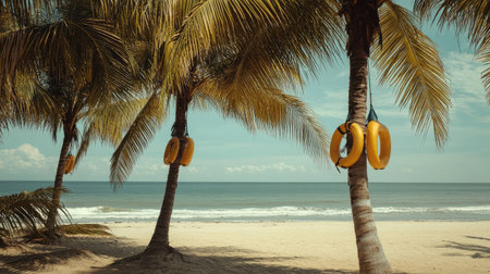Coconut palms with emergency rescue tubes hanging from their branches, emphasizing beach safety and preparedness for drowning incidents.の素材