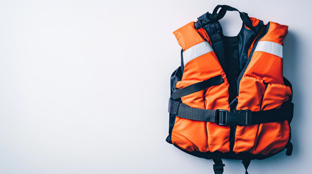 Life jacket on a white backdrop, emphasizing its role as crucial safety gear for both swimming and boating activities.の素材