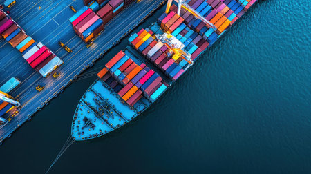 Container ship docked at a port, with containers being loaded and unloaded for global import and export. Focus on efficient logistics and freight operations.の素材