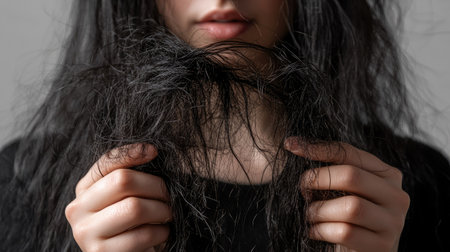 A woman holding strands of her tangled, damaged hair in distress, showing visible signs of breakage and dryness.の素材