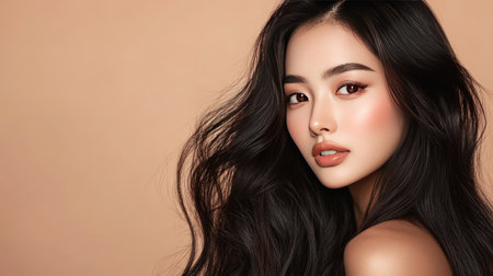 Elegant close-up of an Asian woman with long, silky hair, styled perfectly, against a soft bの素材