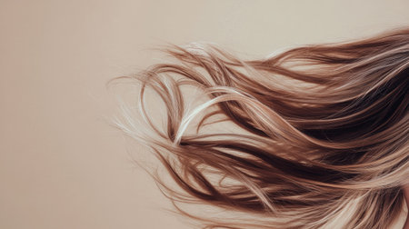 Close-up of lively, voluminous hair captured mid-motion against a neutral beige background, highlighting natural shine and vitality.の素材
