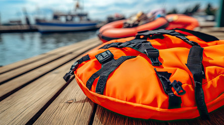 Close-up of an orange life jacket and lifebuoy on a wooden surface, highlighting their importance in emergency situations and water safety.の素材