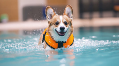 Corgi dog participating in swimming therapy with a life jacket, focused on recovery training and hydrotherapy in a swimming pool.の素材
