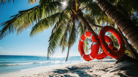 Emergency rescue tubes hanging from coconut palms on a sunny beach, highlighting essential life-saving equipment in a tropical setting.の素材