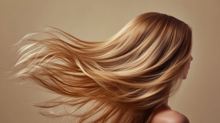 Flowing, lively hair with loose waves set against a soft beige background, capturing movement and vitality in a dynamic studio shot.の素材