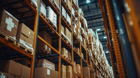 Close-up of packed inventory in a logistics warehouse, featuring shelves stacked with boxes and pallets, highlighting the scale of stored goods.の素材