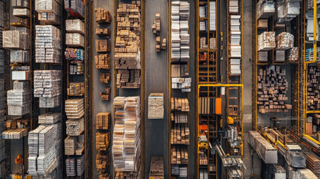 Detailed view of a logistics warehouse with neatly organized pallets and products on high shelves, capturing the organized nature of industrial storage and distribution. -の素材