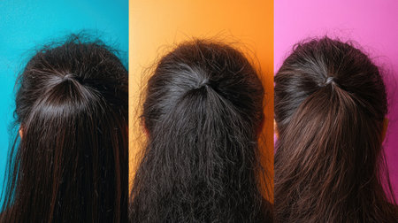 Detailed before and after collage of a woman dandruff treatment results, displayed on colorful backgrounds. Close-up view of hair and scalp improvement.の素材