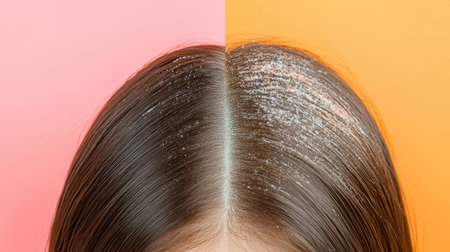 Collage with colorful backgrounds showing a woman scalp before and after dandruff treatment. Focus on significant flake reduction and improved hair condition.の素材