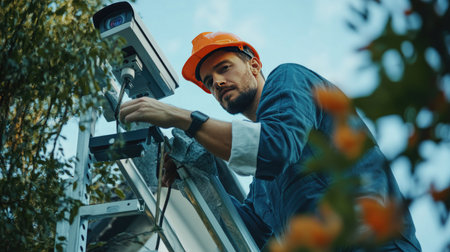 Image of a man installing a CCTV camera from a stepladder, focusing on the intricate work of setting up and repairing video surveillance equipment.の素材