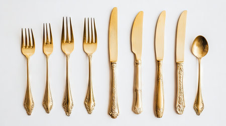 Elegant gold knives and forks laid symmetrically on a white background. The luxurious cutlery radiates sophistication, perfect for high-end dining experiences.の素材