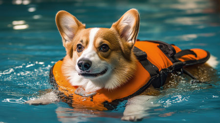 Corgi swimming with a life vest in a pool, emphasizing the importance of hydrotherapy for pet health care, recovery, and preventive training. --の素材