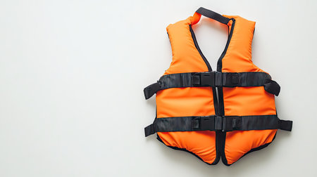 Life jacket on a white backdrop, emphasizing its role as crucial safety gear for both swimming and boating activities.の素材