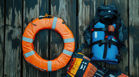 Life jacket and lifebuoy set on a wooden board, showing their bright colors and durability as critical components of emergency preparedness.の素材
