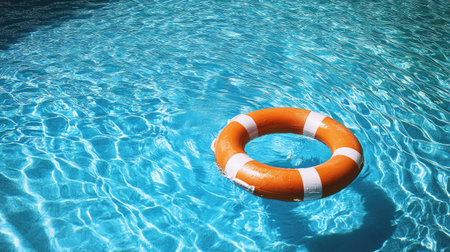 Life buoy floating on the surface of a sparkling blue swimming pool, emphasizing its role in preventing drowning and enhancing water safety. -の素材