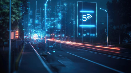 High-tech concept of digital technology 4.0 with a focus on 5G wireless network signals, CCTV camera surveillance, and AI systems. Display screen monitors road activity.の素材