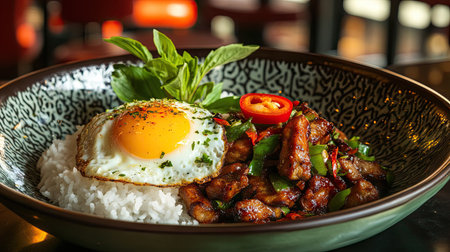 A delicious serving of spicy Thai stir-fried pork with fresh basil and a perfectly fried egg, accompanied by steaming rice, perfect for a flavorful meal.の素材