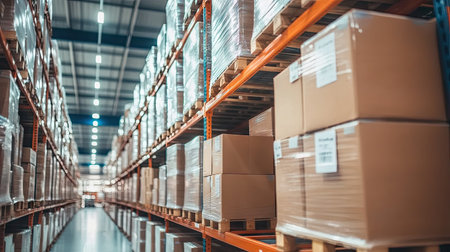 Close-up of inventory in a logistics warehouse with rows of stacked pallets and boxes. Perfect for showcasing systematic storage and logistics management.の素材