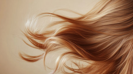 Close-up of lively, voluminous hair captured mid-motion against a neutral beige background, highlighting natural shine and vitality.の素材