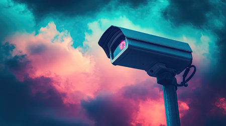 Outdoor CCTV camera with a backdrop of a dramatic sky, illustrating its key role in providing effective surveillance and ensuring safety.の素材