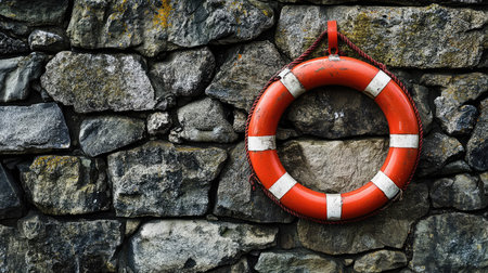 Rescue life ring hanging against a stone wall, highlighting its bright color and importance in emergency situations. -の素材