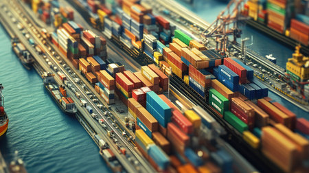 Global transport network showcasing the seamless flow of cargo through freight ships, trains, trucks, and airplanes, emphasizing the efficiency of international logistics.の素材