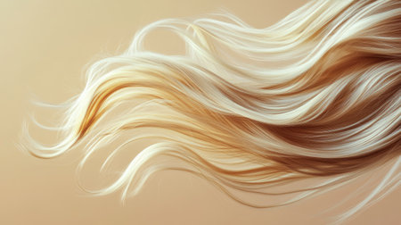 Dynamic strands of lively, flowing hair against a soft beige background, capturing movement and texture in a subtle, elegant style.の素材