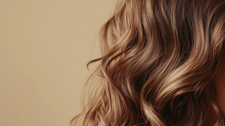 Lively, wavy hair cascading in natural waves against a neutral beige backdrop, emphasizing volume and vitality.の素材