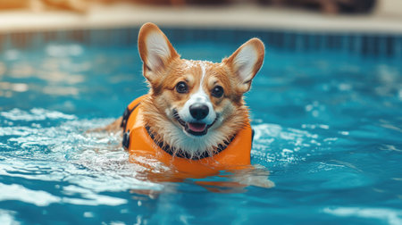 Corgi dog with a life vest enjoying a swim in a pool, highlighting the use of hydrotherapy for pet health care and recovery training.の素材