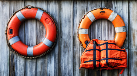 Lifebuoy and bright orange life jacket placed on a weathered wooden background, emphasizing their role in rescue operations and maritime safety.の素材