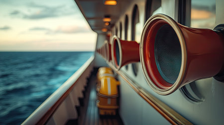 Megaphone for emergency alarms positioned on a ship bridge with a view of the ocean through the window. Emphasizes its importance in communication during emergencies.の素材