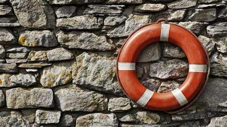 Classic life ring set against a textured stone wall, ideal for depicting maritime safety tools and their traditional use.の素材