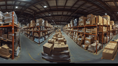Panoramic view of a busy logistics warehouse with extensive stored inventory, including boxes and pallets, reflecting a well-organized storage system.の素材