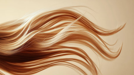 Flowing strands of lively hair against a soft beige background, captured in motion to highlight texture, volume, and vibrancy.の素材