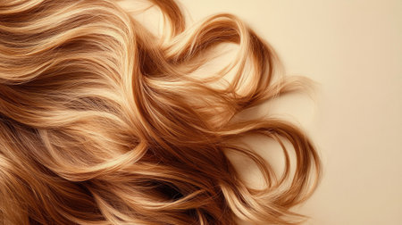 Luxurious, lively curls bouncing on a soft beige background, highlighting the texture and vitality of healthy, voluminous hair.の素材