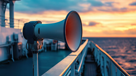 Megaphone mounted on a ship's railing, ready for emergency alarms. Captures the essential equipment used to alert crew and passengers during critical situations. -の素材