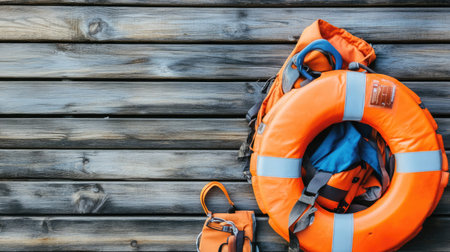 Lifebuoy and orange life jacket on a wooden surface, emphasizing their importance for safe water navigation and emergency response.の素材