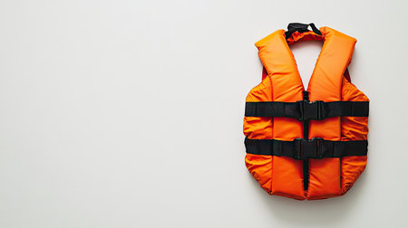 Minimalist photo of a life jacket on a white backdrop, highlighting its safety features and design for effective flotation and visibilityの素材