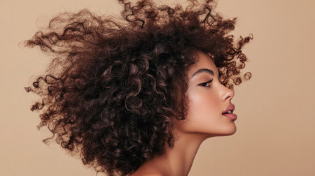 Lively hair with natural curls bouncing freely on a beige backdrop, illustrating movement, texture, and a healthy glow. -の素材