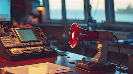 Emergency alarm megaphone on a ship's control room desk. Highlights the crucial role of the device in maritime safety and emergency procedures.の素材