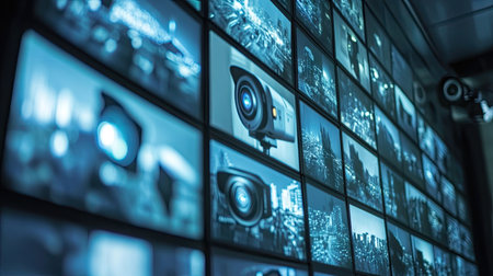 Multiple CCTV security cameras displayed on a control room monitor screen, showing live feeds from various locations. Illustrates the central monitoring aspect of surveillance systems.の素材