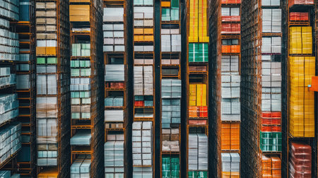 Detailed view of a logistics warehouse with neatly organized pallets and products on high shelves, capturing the organized nature of industrial storage and distribution. -の素材
