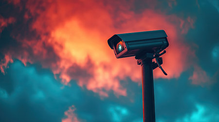 Outdoor CCTV camera with a backdrop of a dramatic sky, illustrating its key role in providing effective surveillance and ensuring safety.の素材