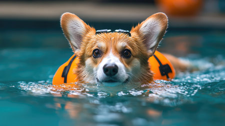 Pet health care through hydrotherapy: Corgi in a life jacket swimming in a pool, engaging in recovery and rehabilitation exercises.の素材