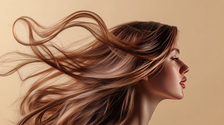 Playful, flowing hair captured mid-swish on a beige background, illustrating liveliness and dynamic movement.の素材
