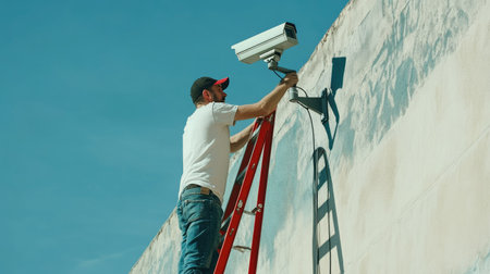 Man working on installing a CCTV camera from a stepladder, capturing the detailed work involved in the setup and repair of surveillance systemsの素材