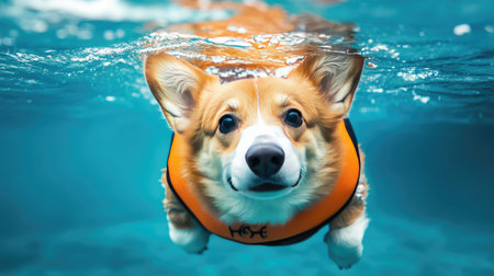 Corgi in a life jacket swimming in a pool, focused on recovery training and hydrotherapy, highlighting its role in pet health care and rehabilitation.の素材