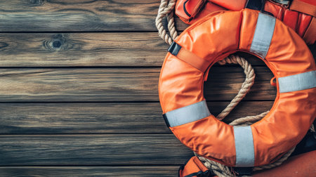 Orange life jacket and classic lifebuoy on a textured wooden background, capturing the essence of maritime rescue and safety equipment.の素材