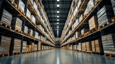 Interior of a logistics warehouse showing high shelves and stored inventory, highlighting the vast amount of goods prepared for shipment.の素材